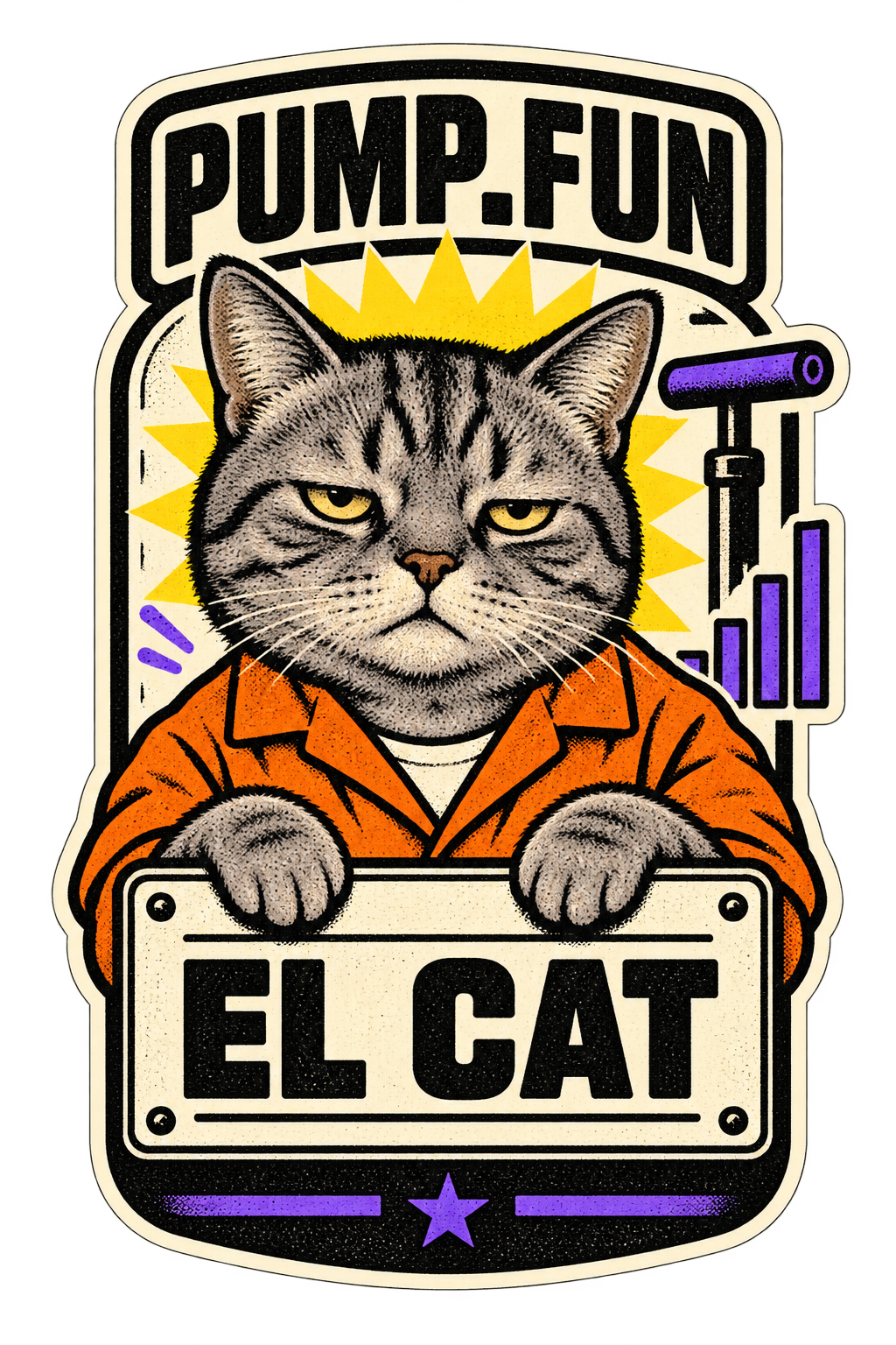Adesivo vertical fan-made de El Cat com a inscrição PUMP.FUN