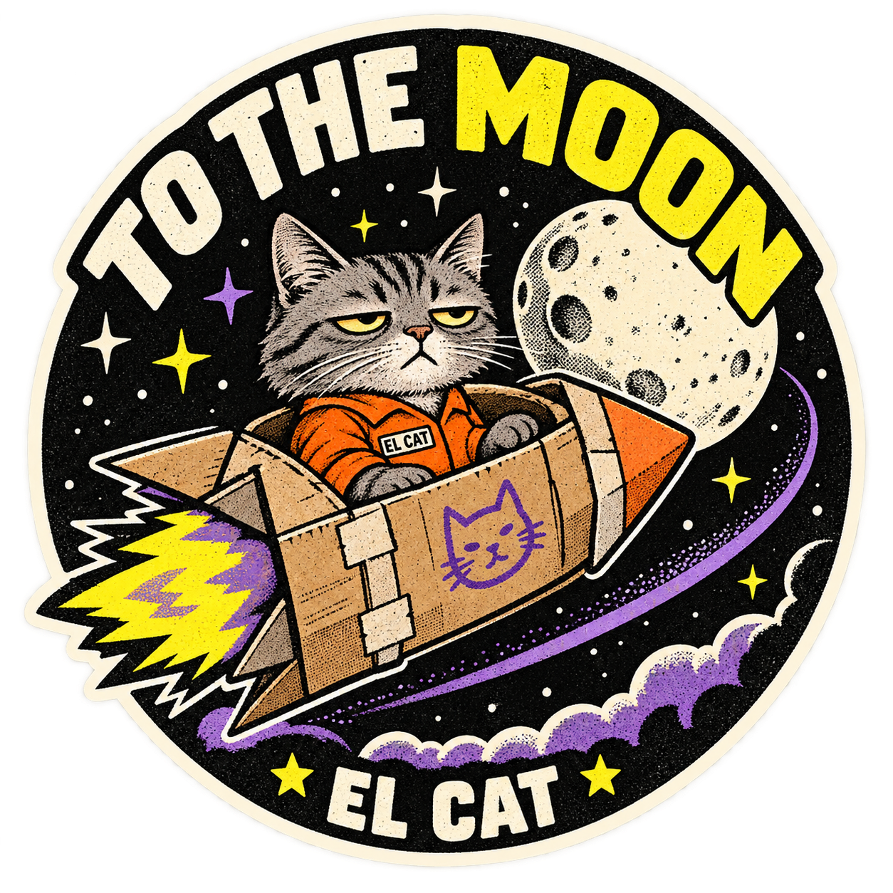 Adesivo de El Cat em um foguete rumo à lua com a frase TO THE MOON